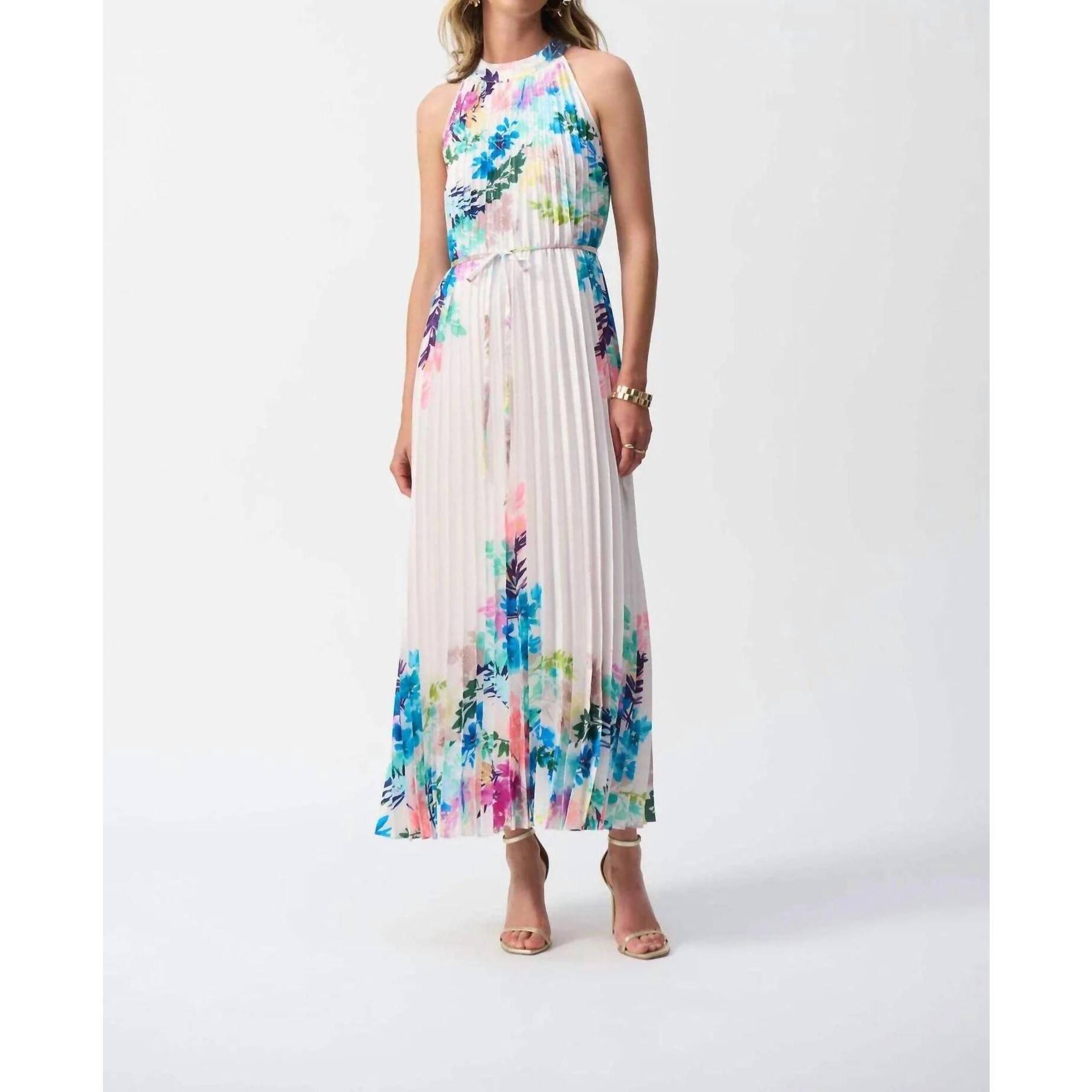 New Joseph Ribkoff Pleated Satin Floral Print Midi Dress In Off-White Multi